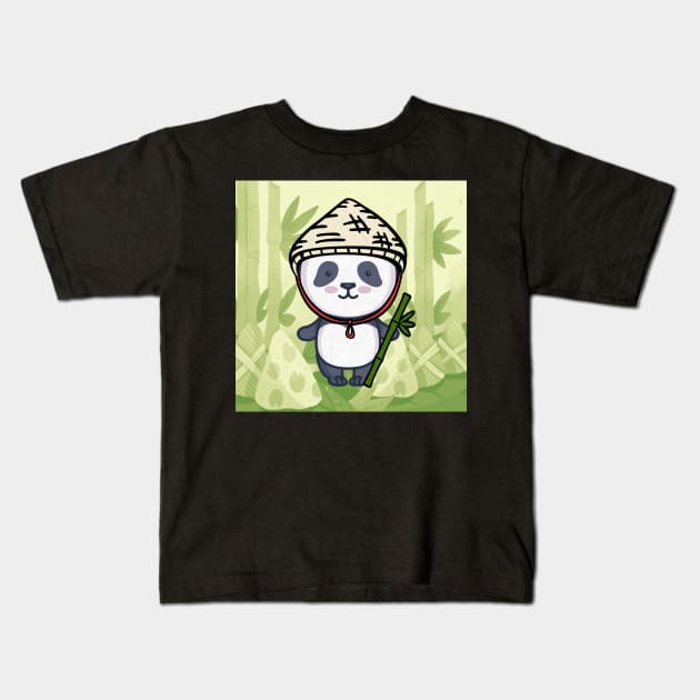 funny panda with bamboo in green panda bear Kids T-Shirt by KK-Royal